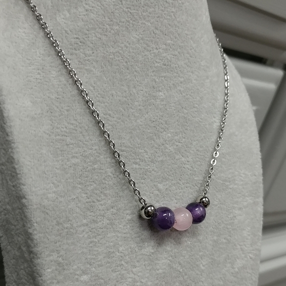 Amethyst Rose Quartz Three Bead Necklace Natural Gemstone Crystal StainlessSteel - Picture 6 of 12
